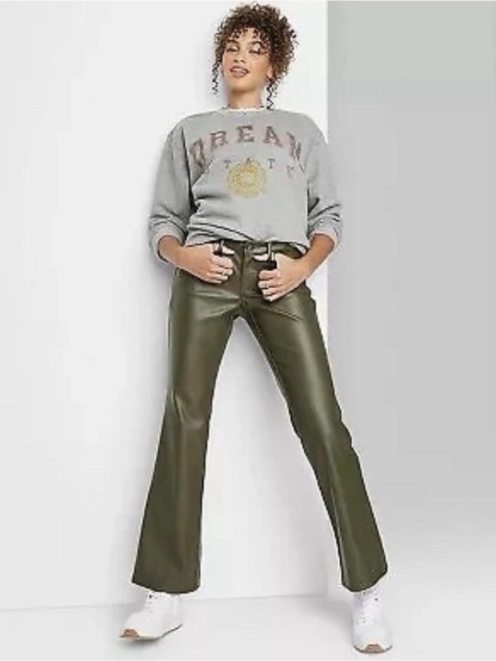 Wild Fable Olive Green Vegan Leather Flare Pants Like New